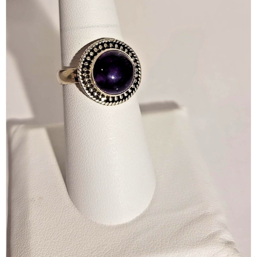 Sterling Silver 925 Purple Amethyst Ring Size 8 Cabochon Beaded Halo Cocktail
